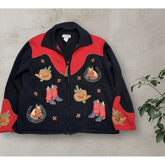 Tiara Intl Western Cowboy Boots Knit Zip Up Sweater Large VTG Rodeo Festival - Picture 1 of 5